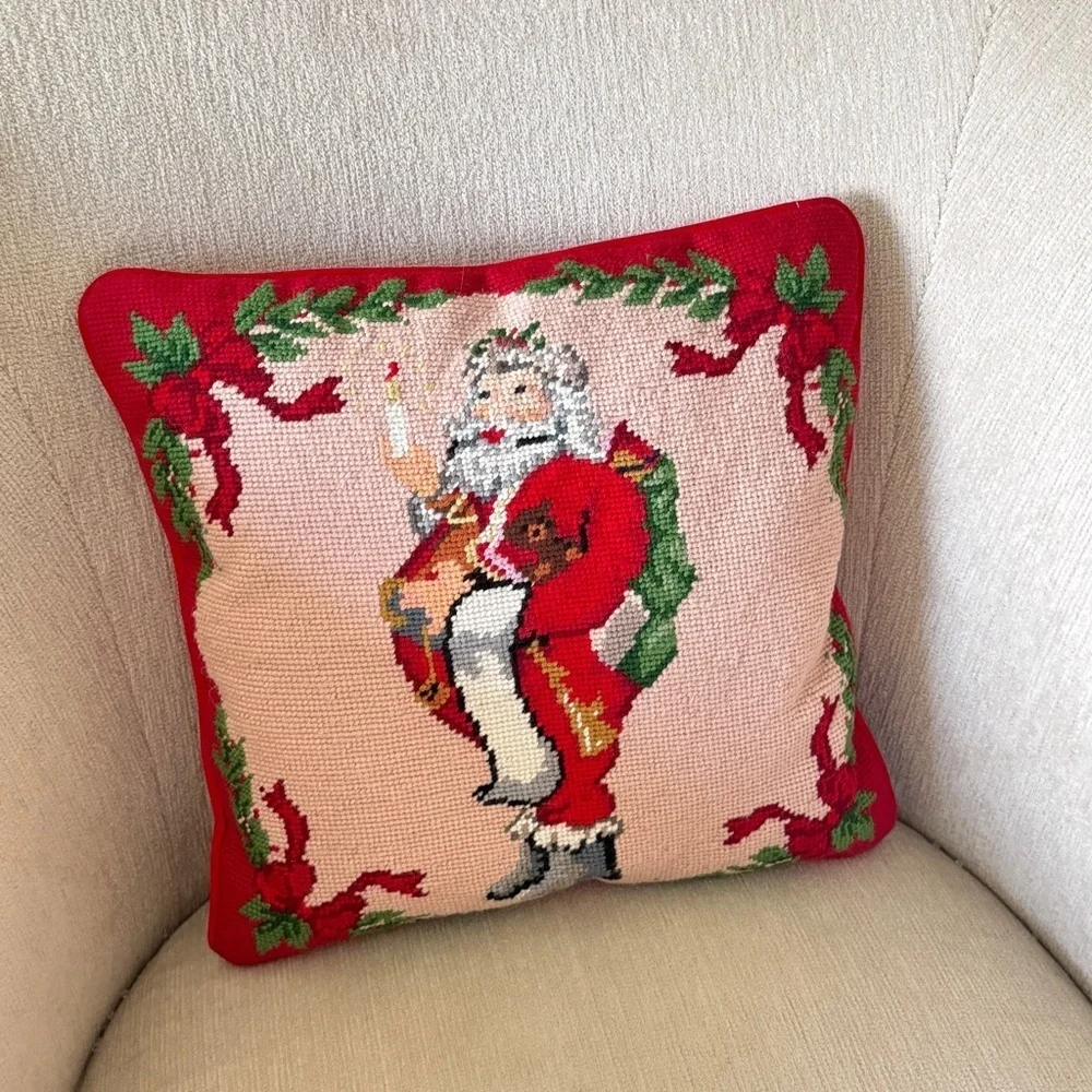 Handmade Needlepoint pillow santa claus St. Nick christmas velvet square bows